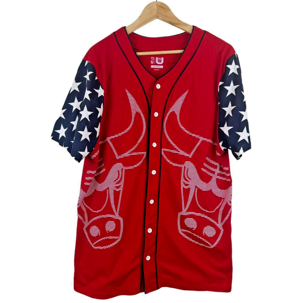 Chicago Bulls All Over Print Button-Up Red Jersey NBA Basketball Men's L *SEE
